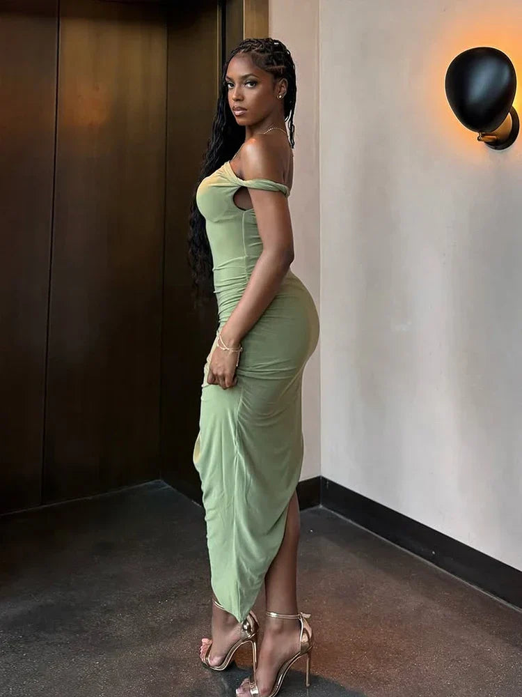 Ruched Off Shoulder Slim Midi Dress