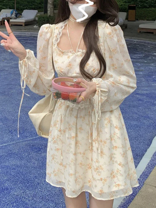 Voguable Elegant Y2K Midi Dress Casual Lace One Piece Dress Korean Sweet Vintage Floral Dress Party Long Sleeve
