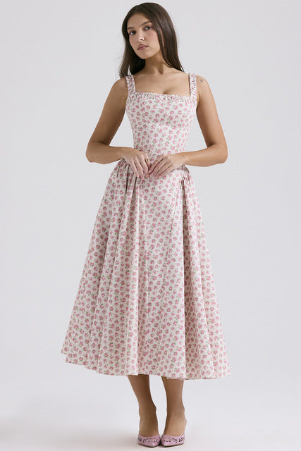 Flower Print Spaghetti Strap Dresses Women Fashion Sexy Backless Low Cut Folds Vacation Style Slim Midi Dress Female Vestidos