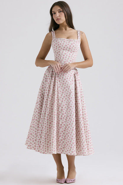 Flower Print Spaghetti Strap Dresses Women Fashion Sexy Backless Low Cut Folds Vacation Style Slim Midi Dress Female Vestidos