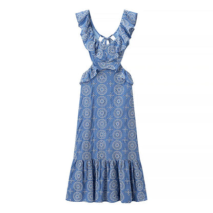 Blue Hollow Out Embroidered Midi Dress Women Summer New V Neck Sleeveless Ruffle Long Dresses Elegant Fashion Holiday Vestidos