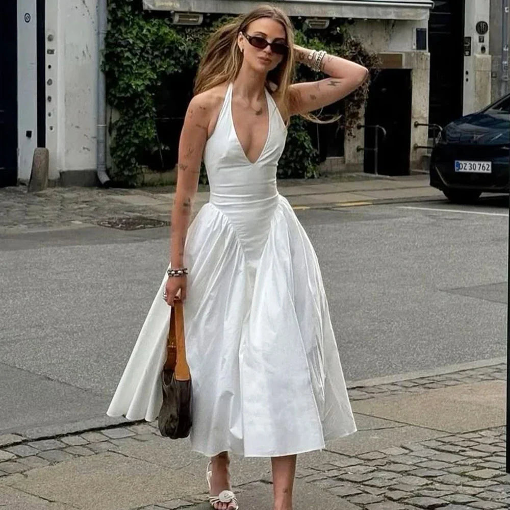 Backless Deep V Spliced Long Midi Dress