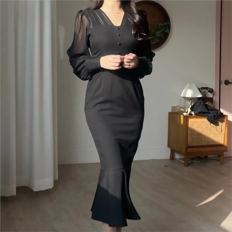 Korean Fashion Bodycon Midi Dresses for Women Mesh Patchwork Long Sleeve Fishtail Office Lady Mermaid Party Dress Slim Mermaid