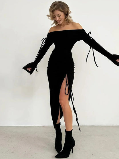 Off Shoulder Flare Sleeve Midi Dress