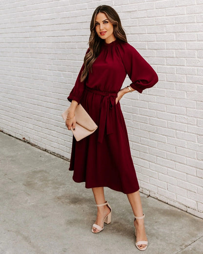 DressBetty - Elegant Office Dress Formal Loose Green Long Sleeve Belt A-Line Midi Dresses