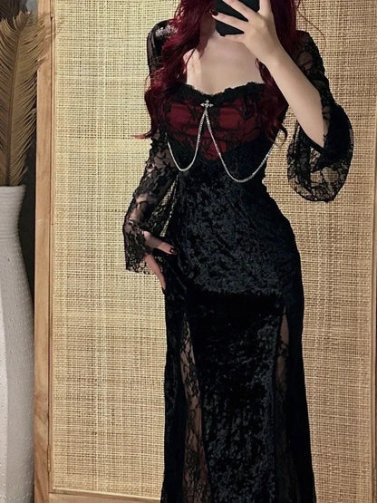 Gothic Lace Slim Midi Dress