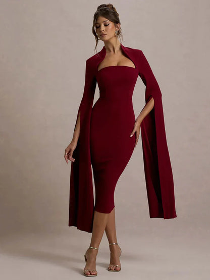 Cape Long Sleeve Back Slit Midi Dress