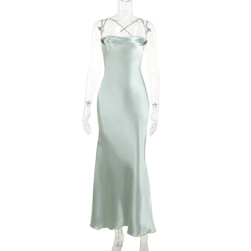 French Elegant Satin Camis Dress Backless Spaghetti Straps Midi Dress Y2K Solid Sleeveless Party Night Vestidos