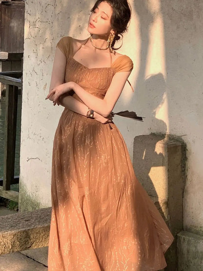 Vintage Midi Dress For Women Summer New Elegant Prom Evening Party Vestidos Fashion Female Clothing Office Ladies Dresses