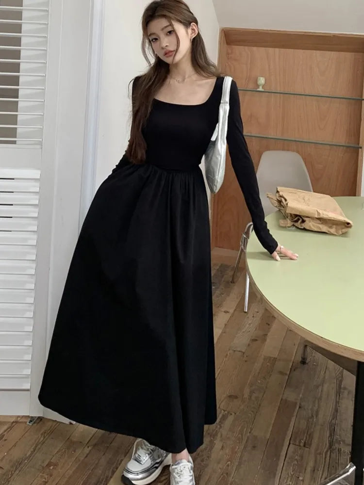 Casual Knitted Midi Dresses for Women Solid Long Sleeves Square Collar A-line Autumn New Elegant Dress Female Slim Vestidos
