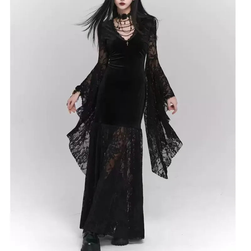 Gothic Black Midi Dresses Women V-neck Irregular Flrae Sleeve Y2k Vintage Lace Bandage Dark Style Harajuku Fashion Clothing New