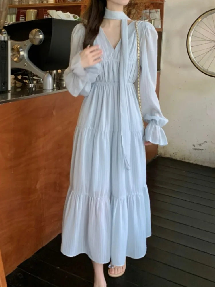 Elegant Autumn Midi Dresses for Women V-neck Flare Sleeves A-line Solid Korean Fashion Casual French Vintage Vestidos Mujer New
