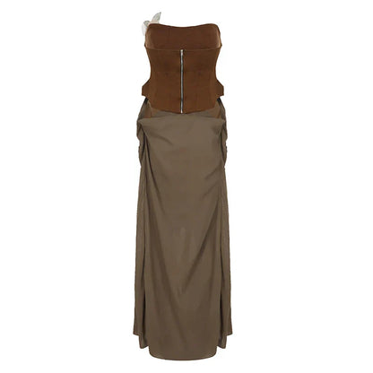 Sexy Women Butterfly Detail Strapless Long Dress Aesthetic Chic Detachable Corset Top Vintage Elegant Maxi Dresses