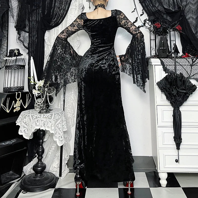 Embellished Gothic Velvet Midi Dress