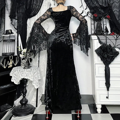 Embellished Gothic Velvet Midi Dress