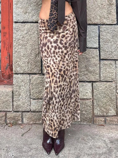 Leopard Print Maxi Skirt Women's Summer Slim Fashion Patchwork High Waist Streetwear Party Maxi Dress Elegant Maxi Skirt