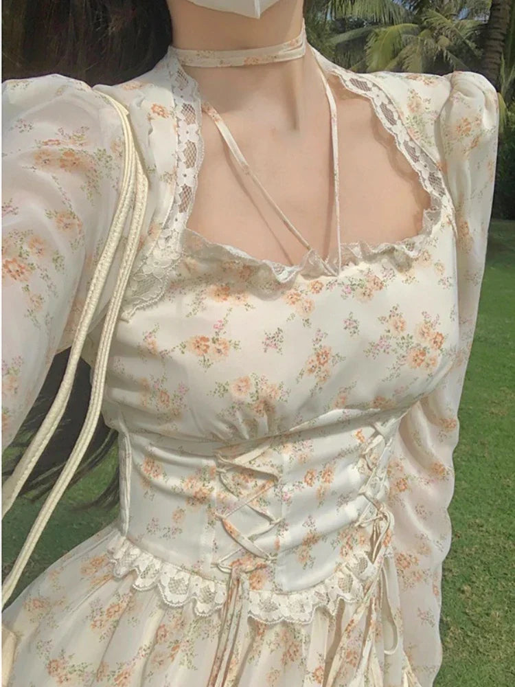 Voguable Elegant Y2K Midi Dress Casual Lace One Piece Dress Korean Sweet Vintage Floral Dress Party Long Sleeve