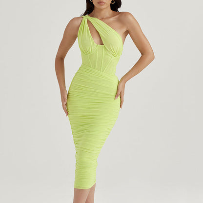 High Quality Mesh One Shoulder Backless Midi Dress For Women Fashion Hollow Out Sleeveless Ruched Long Dress Vestido
