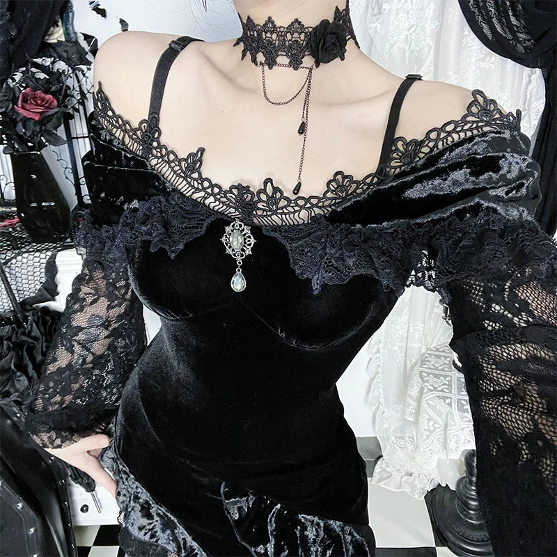Flocking Lace Off-Shoulder Midi Dress