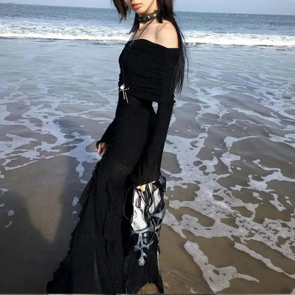 French Elegant Off Shoulder Midi Dress Y2K Black Gothic Irregular Split Long Sleeve Dress Ladies Beach Slim Party Vestidos