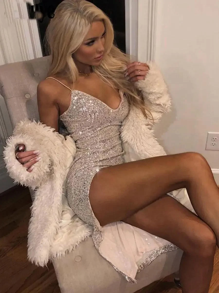 Sequin Deep V Split Bodycon Midi Dress