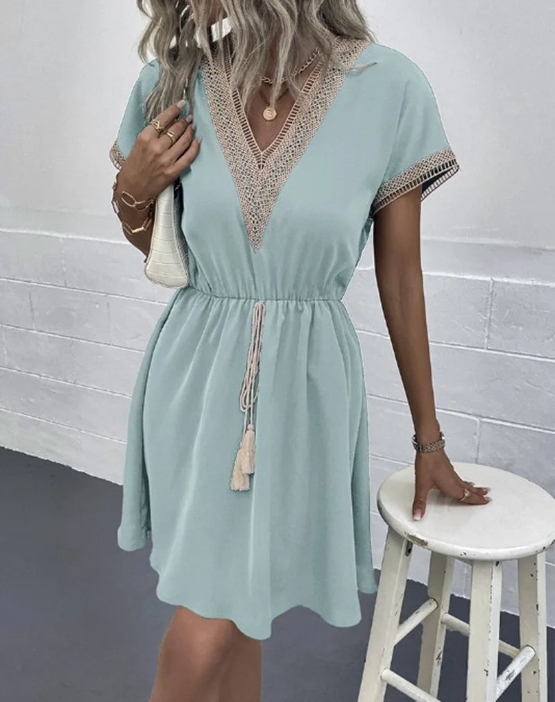 Lace V-Neck Panel Short Sleeve Midi Dress