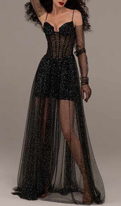 Strappy Draped RhineStone Tulle Corset Maxi Dress in Black