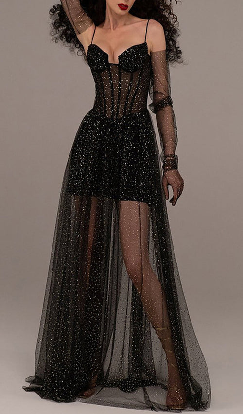 Strappy Draped RhineStone Tulle Corset Maxi Dress in Black