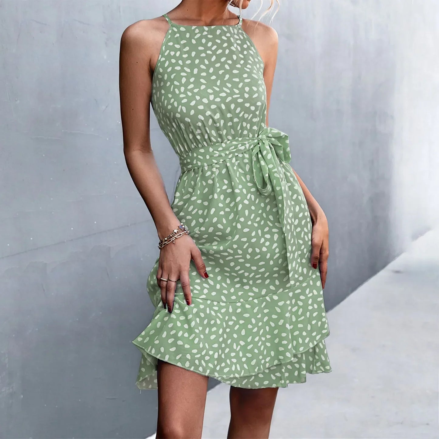 DressBetty - 2024 Boho Floral Print Sling Lace Up Belted Midi Dress