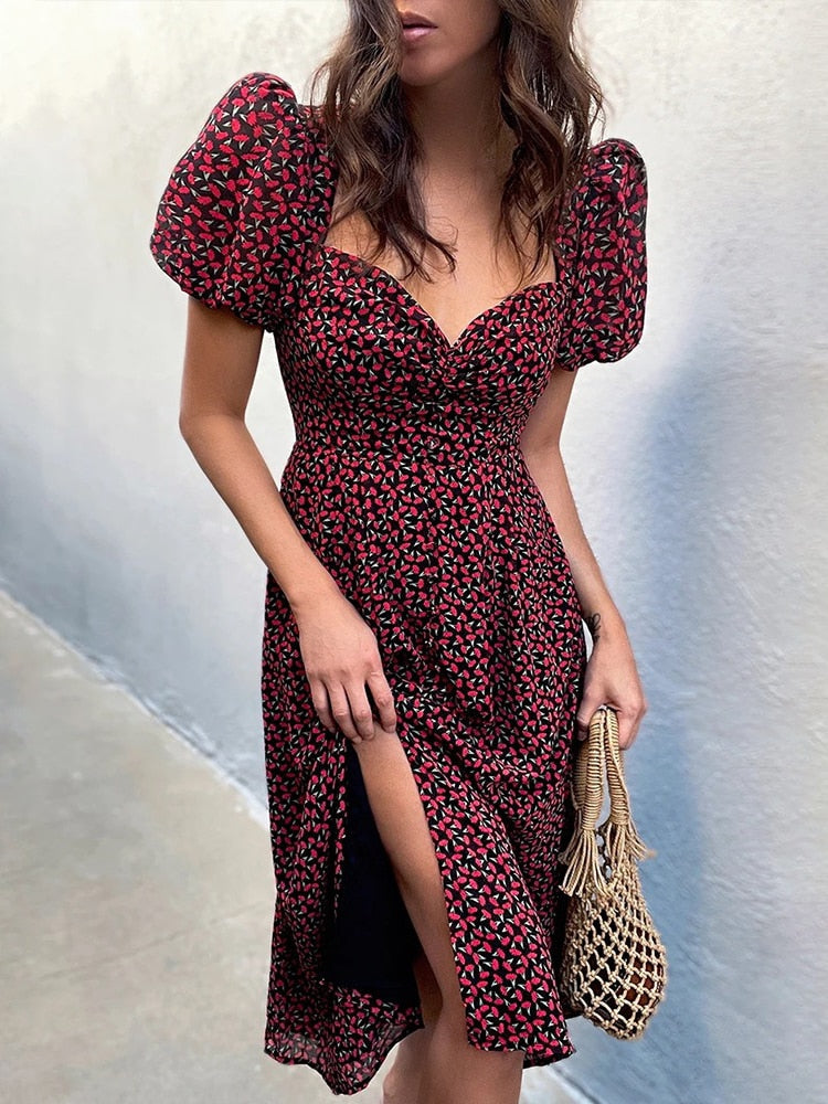 DressBetty - Midi Dress Vintage Floral Print Split Blue Sundress Elegant Party Beach Dress