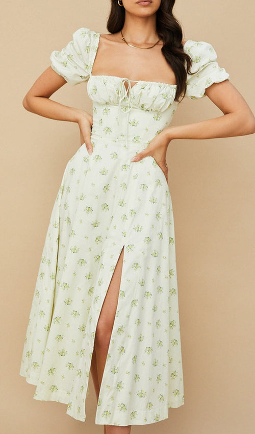 Vintage Floral Puff Sleeve Midi Dress in White
