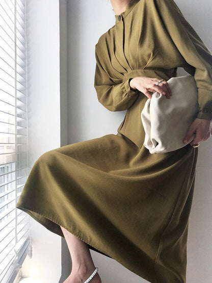 DressBetty - Vintage Long Sleeve Elegant Autumn Bodycon Dress Slimming Pleated Stand Collar Midi Dress