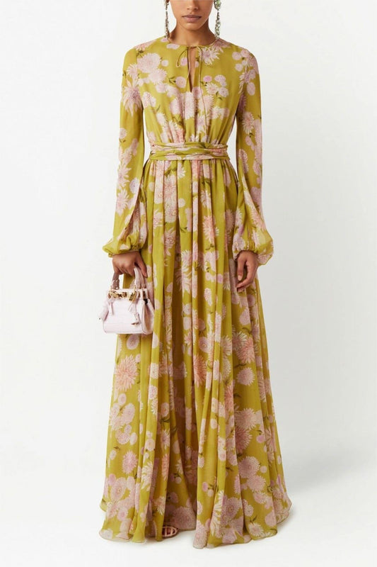 Floral Lace Up Puff Sleeve Maxi Dress