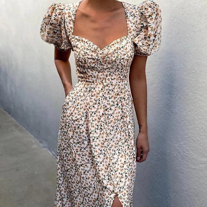 DressBetty - Women Elegant Floral Print Summer Dress V-neck Puff Sleeve Split Midi Dress