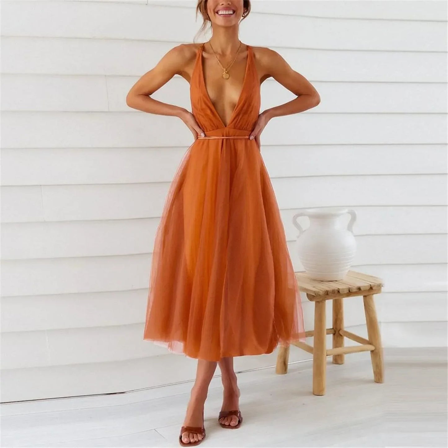 DressBetty - 2024 Lace-Up Empire Waist Deep V-Neck Backless Tulle Bridesmaid Midi Dress