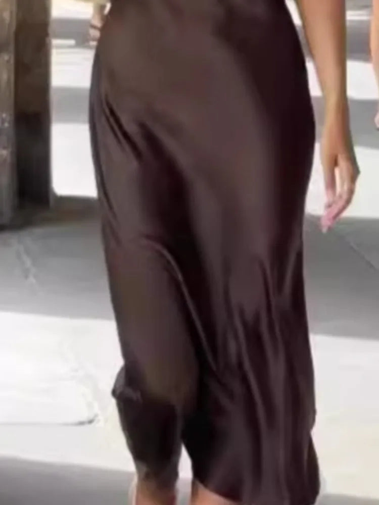 Women’s Elegant Satin Sleeveless Midi Dress Fashion Solid Color O Neck Slim Fit Dresses Female Stylish Street Party Vestido 2025