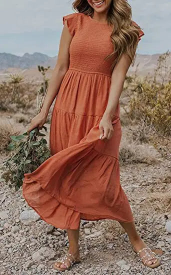Solid Swing Sleeve Midi Dress