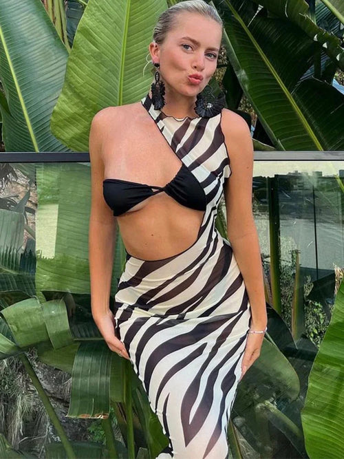 Striped Mesh Cut Out Midi Dress