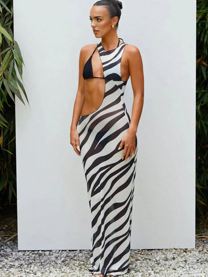 Striped Mesh Cut Out Midi Dress