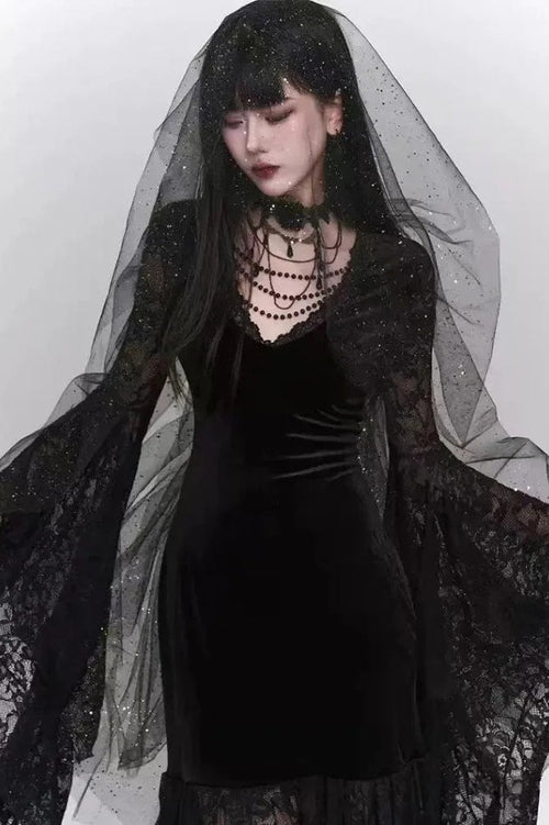 Gothic Lace Patchwork Flare Sleeve Maxi Dress