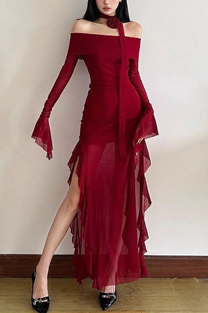 Off Shoulder Irregular Flare Sleeve Maxi Dress