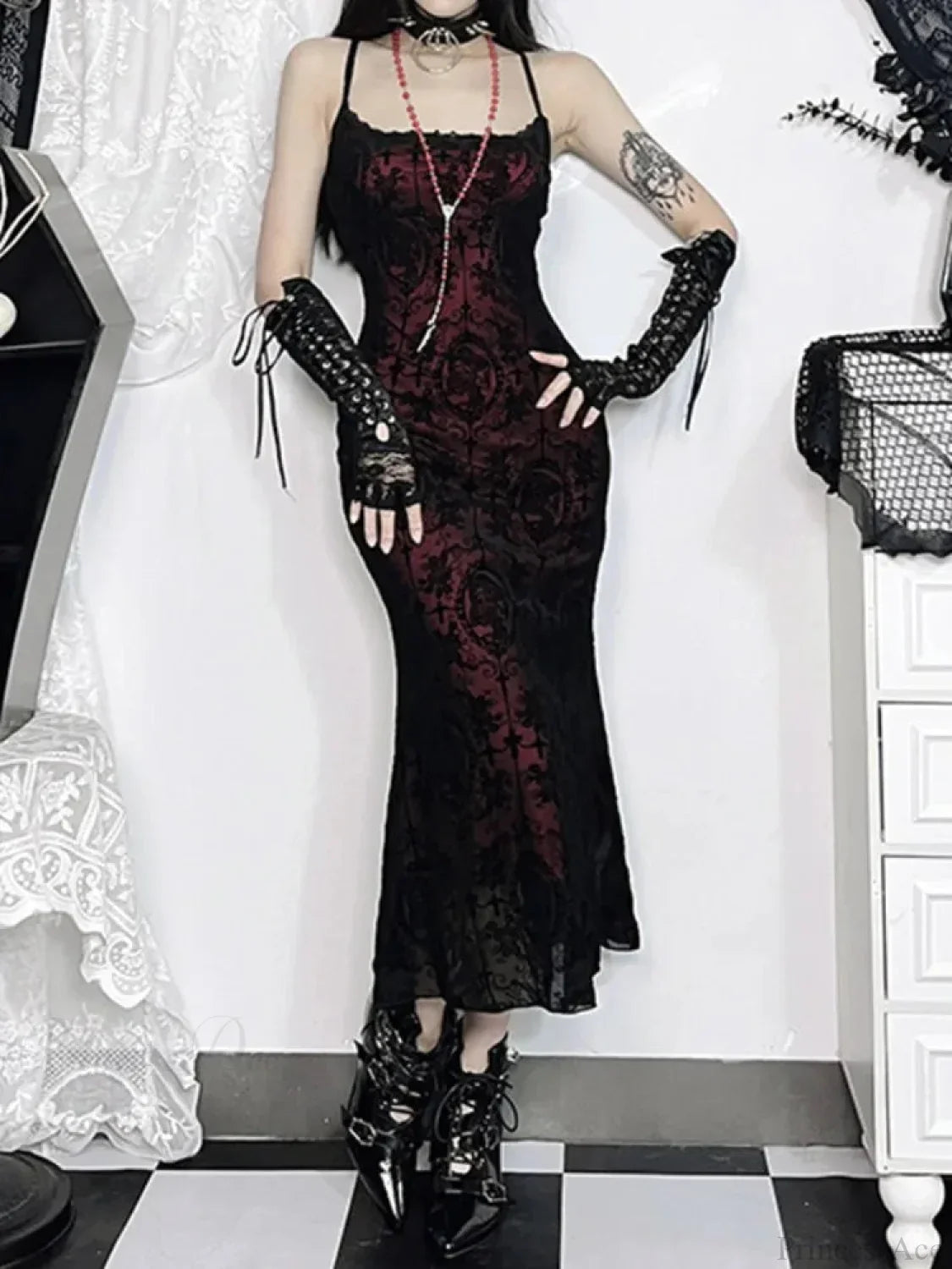 Antique Cross Design Spaghetti Midi Dress
