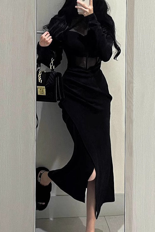 Black Mesh Sheer Slim Bodycon Midi Dress