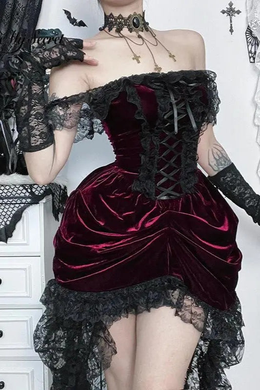 Elegant Dark Red Velvet Lace Midi Dress