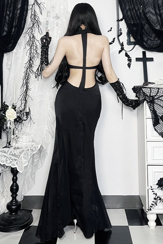 Gothic Halter Cross Backless Maxi Dress