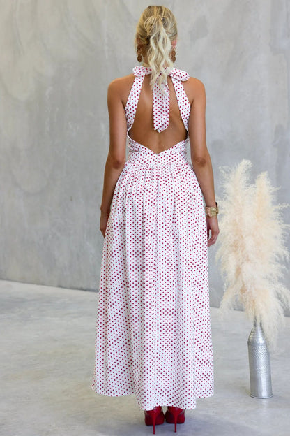 Polka Dot Print Halter Neck Fitted Waist Holiday Maxi Dress