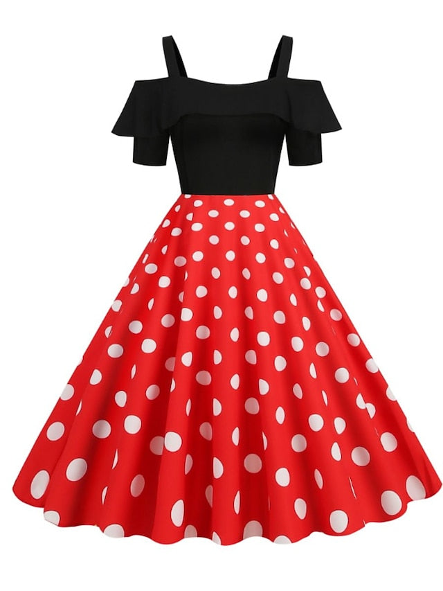 1950s Vintage Vintage Dress Midi Dress Holiday Date Ruched Print Polka Dot Spaghetti Strap Short Sleeve Regular Fit Summer Spring  Black Yellow S M L XL for Women