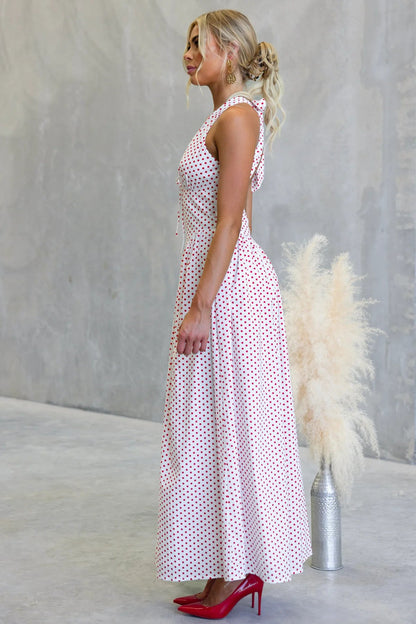 Polka Dot Print Halter Neck Fitted Waist Holiday Maxi Dress