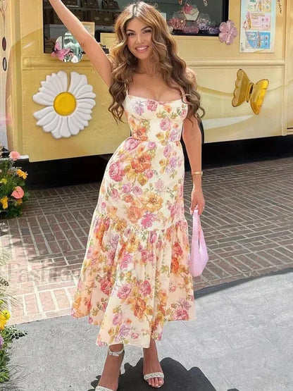 Blue Floral Print Casual Midi Dress Elegant Summer Floral Dress