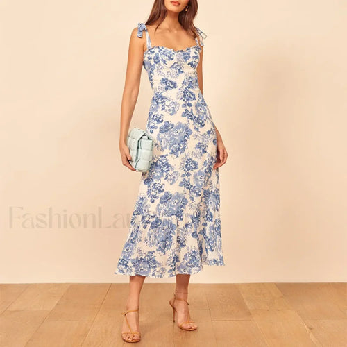 Blue Floral Tie-Strap Midi Dress